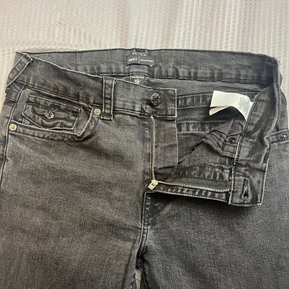 True Religion Ricky Relaxed Straight Jeans Mens Size 36 Black Wash Denim